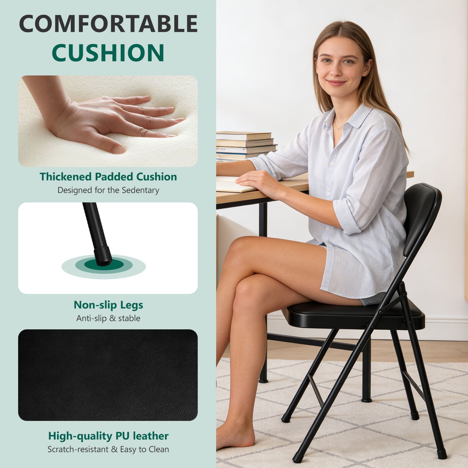 WASUHE 4 Pcs Folding Chairs, PU Leather Padded Folding Chairs with Padded Cushion and Back, Portable Lightweight Stackable Sillas Para Fiestas for Home, Office, Party, Indoor & Outdoor, Black
