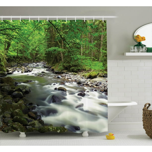 Lake House Decor Shower Curtain Set, Rushing Riverbed In Forest With