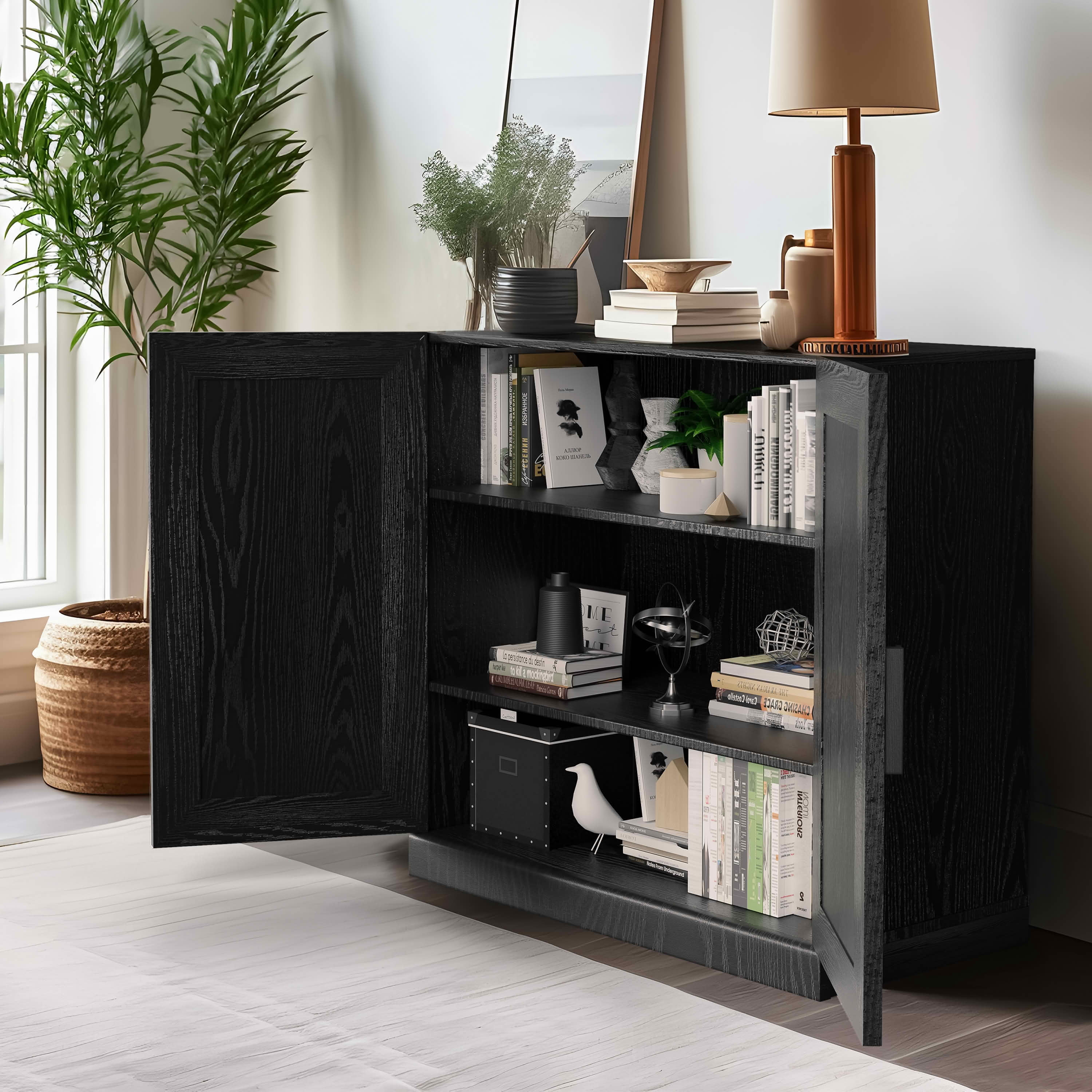 MAYEERTY 31x31x16 Inch Black Wood Grain Storage Cabinet with Solid Wood Door for Living Room