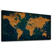 Vintage World Map Canvas Wall Art Dark Blue and Yellow Map of The World Painting Large Modern Canvas Artwork Pictures Contemporary Wall Art Decor for Living Room Bedroom Decoration 20"