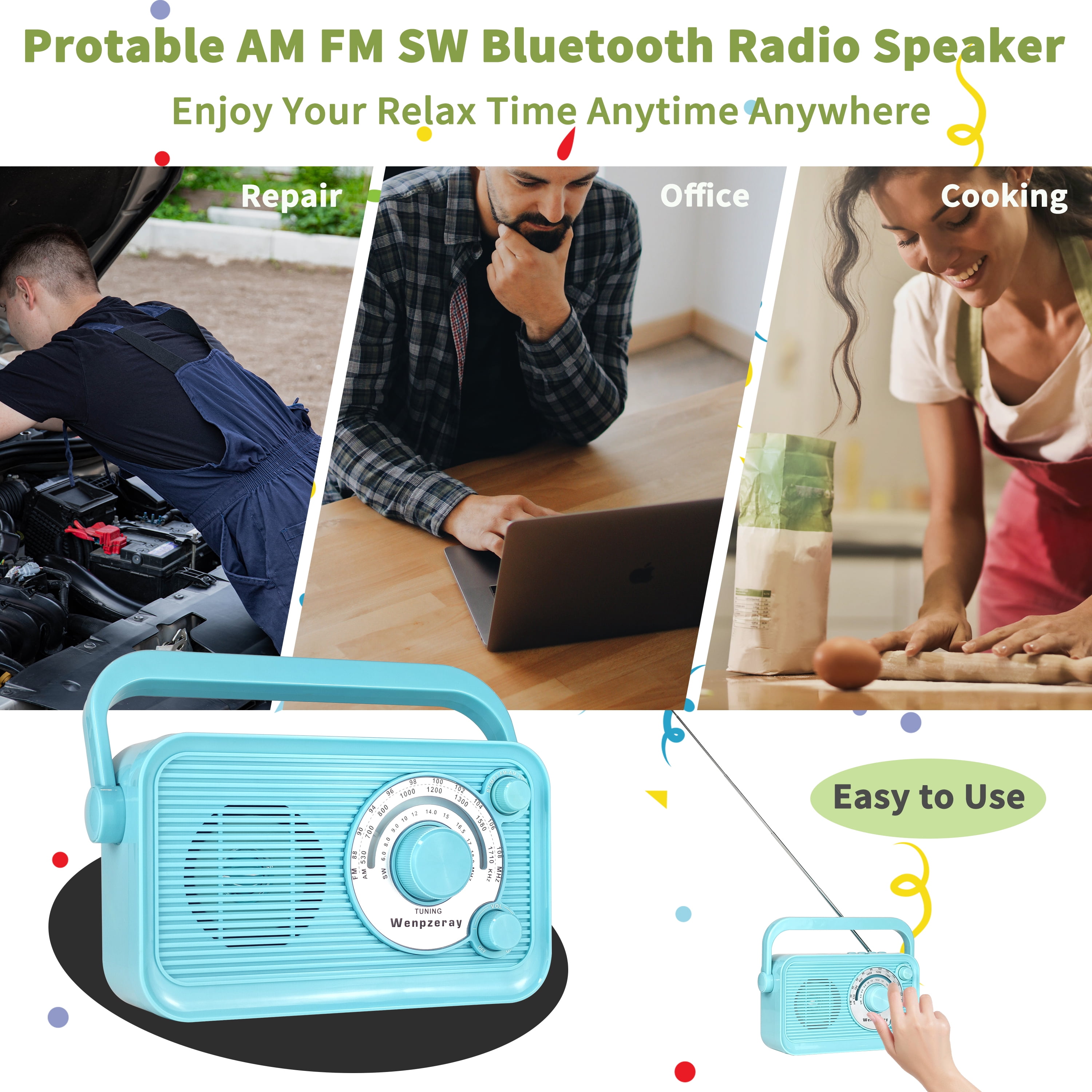 Camping Emergency AM FM Shortwave Radio, DSP Chip Bluetooth Speaker, Type-C Charging Retro Portable Radio Wenpzeray D218 (Blue)