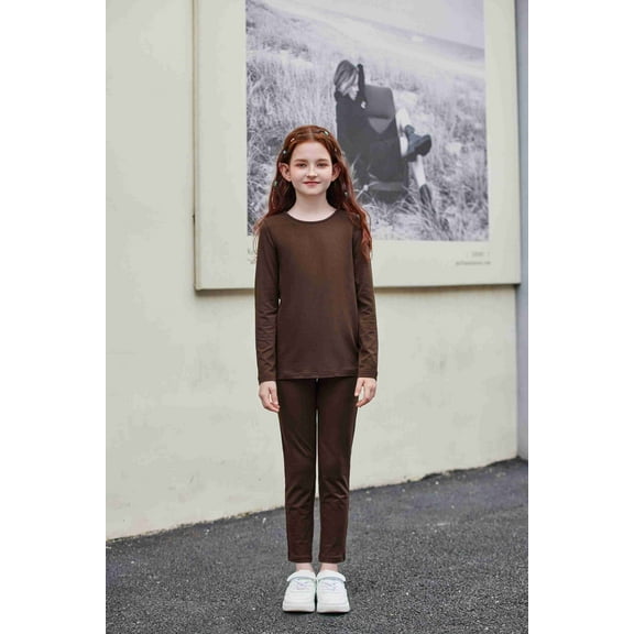 Arshiner Girl Clothes 2 Piece Outfits Slim Long Sleeve Shirt and Leggings Sets Thermal Underwear Brown Leopard 7-8 Years