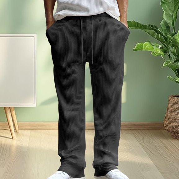 Blmnix Baggy Men's Pants Comfy Pants Low Rise Corduroy Pants Palazzo Leggings Straight-Leg Gray Long Men's Casual Pants,S