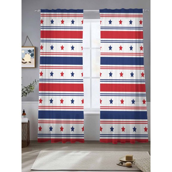 4th of July Sheer Curtains 2 Panels Set, USA Flag Red Blue Stripes Light Filtering Rod Pocket Voile Drapes, Window Sheer Curtains for Living Room/Bedroom, 52'' W x 84'' L