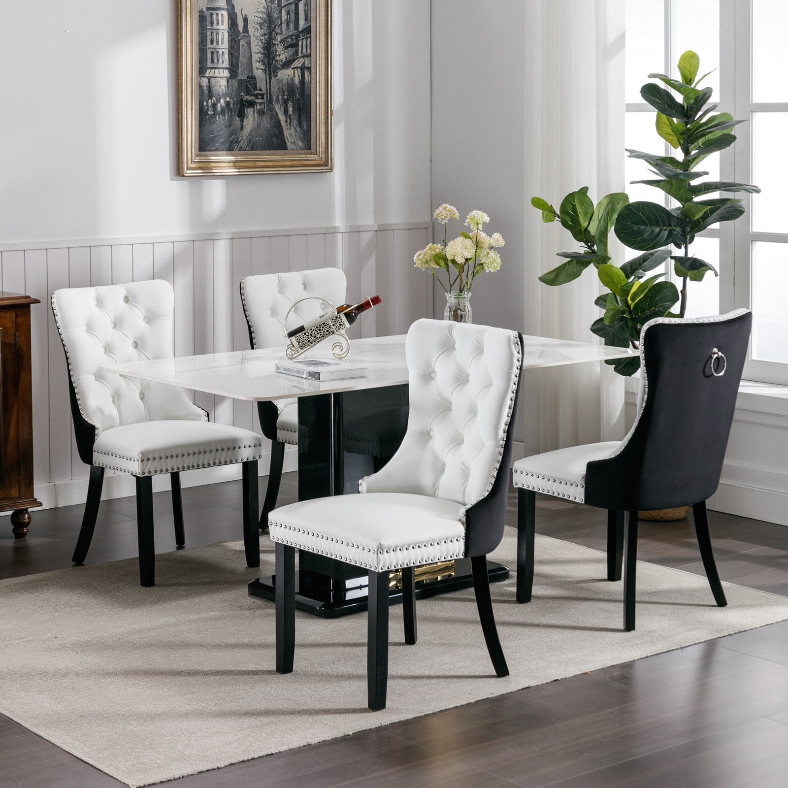 Gewnee 2 Piece Sets Modern High-end Tufted Solid Wood Contemporary PU and Velvet Upholstered White+Black Dining Chair with Wood Legs Nailhead Trim