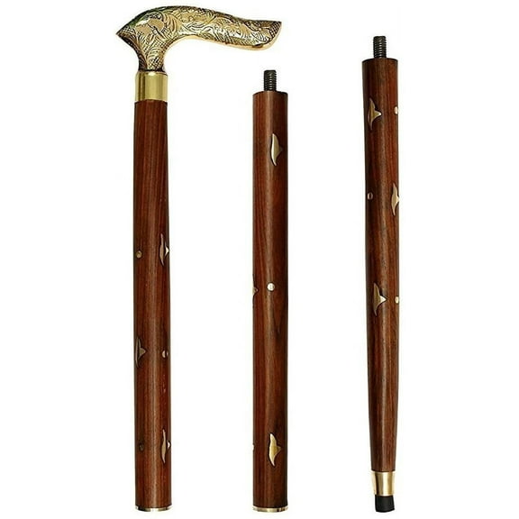 ITOS365 Handmade Wooden Folding Walking Stick 36 Inches - Handcrafted Walking Cane with Brass Handle - Gifts Ideas