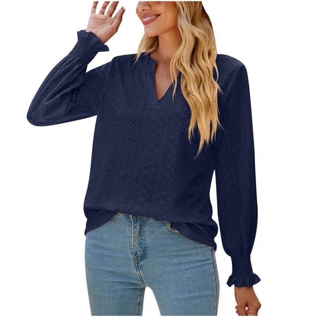 Pompotops Mode Femme Col en V Manches Longues Décontracté Confortable Couleur Unie Manches à Volants Blouse en Solde