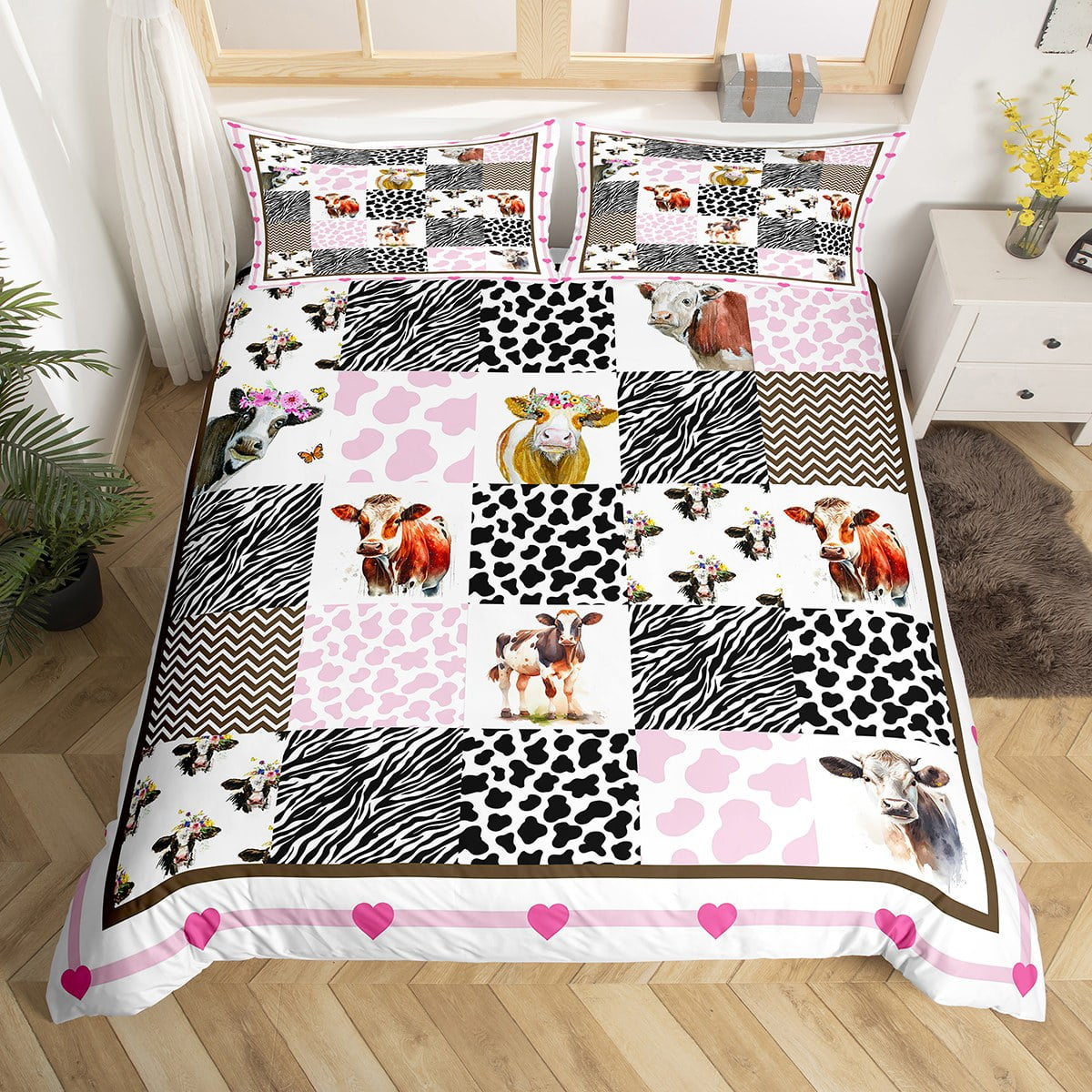 Milk Cow Bedding Set Patchwork Pink Cow Print Comforter Cover Farm