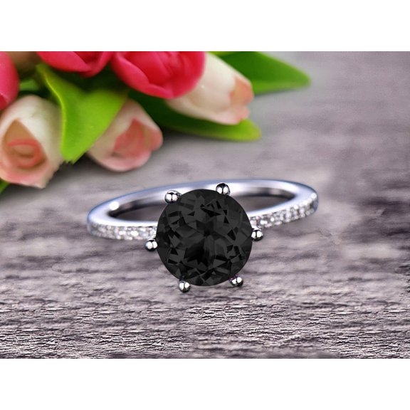 6mm Round Black Diamond Moissanite 1.5 Carat Engagement Ring Solid 10k White Gold Wedding Ring basket underneath Halo Gemstone Promise Ring for Bride