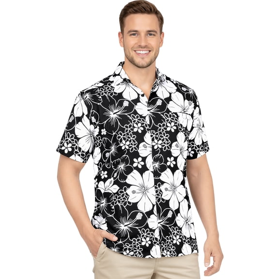 HAPPY BAY Men's Hawaiian Shirts Short Sleeve Button Down Shirt Floral Shirt Men Boho Holiday Casual Summer Beach Shirts for Men Funny S Allover Hibiscus, Black