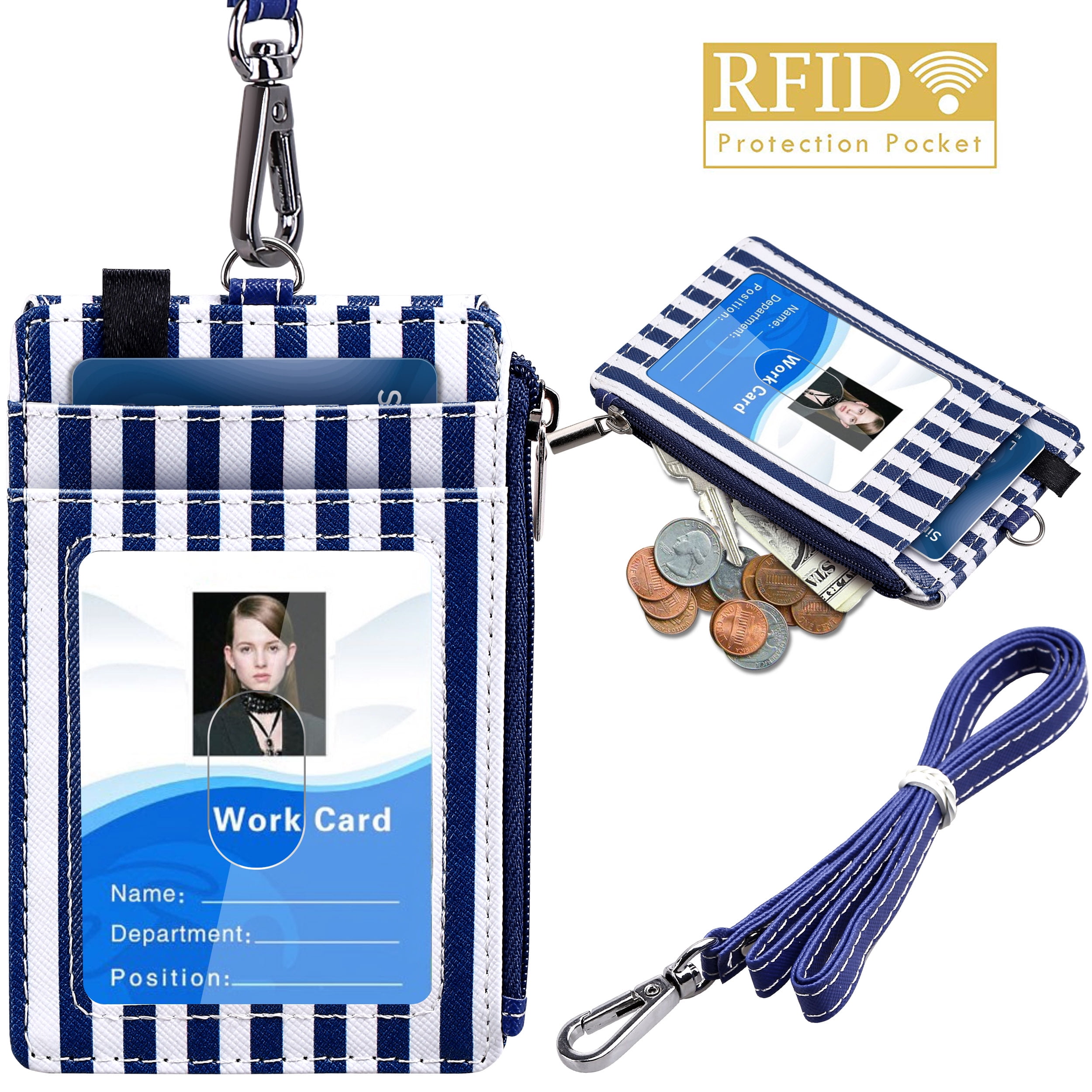 ELV PU Leather ID Badge Card Holder with Zipper Wallet 20" Neck Lanyard