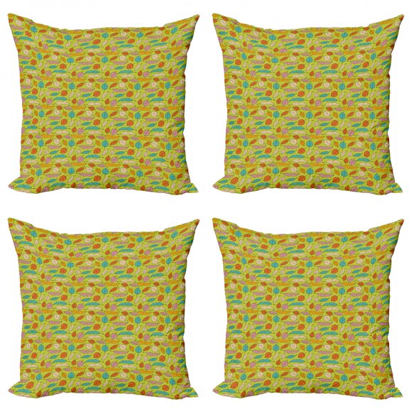 Colorful Throw Pillow Cushion Case Pack of 4, Falling Leaves of the Autumn Season Theme Foliage on Green Background, Modern Accent Double-Sided Print, 4 Sizes, Multicolor, by Ambesonne