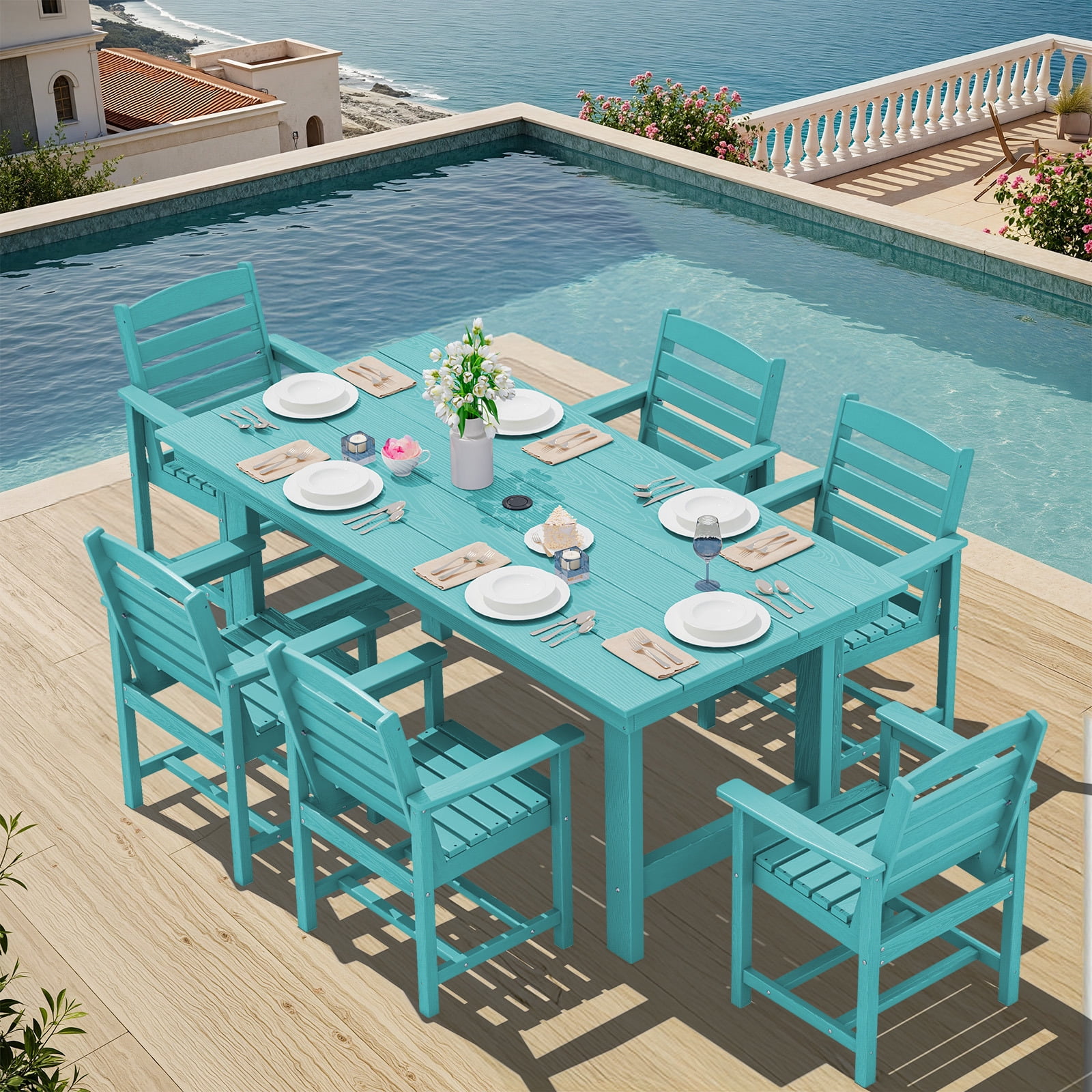 SERWALL Patio Dining Chair Set of 2,HDPE Outdoor Dining Chairs, Aruba Blue