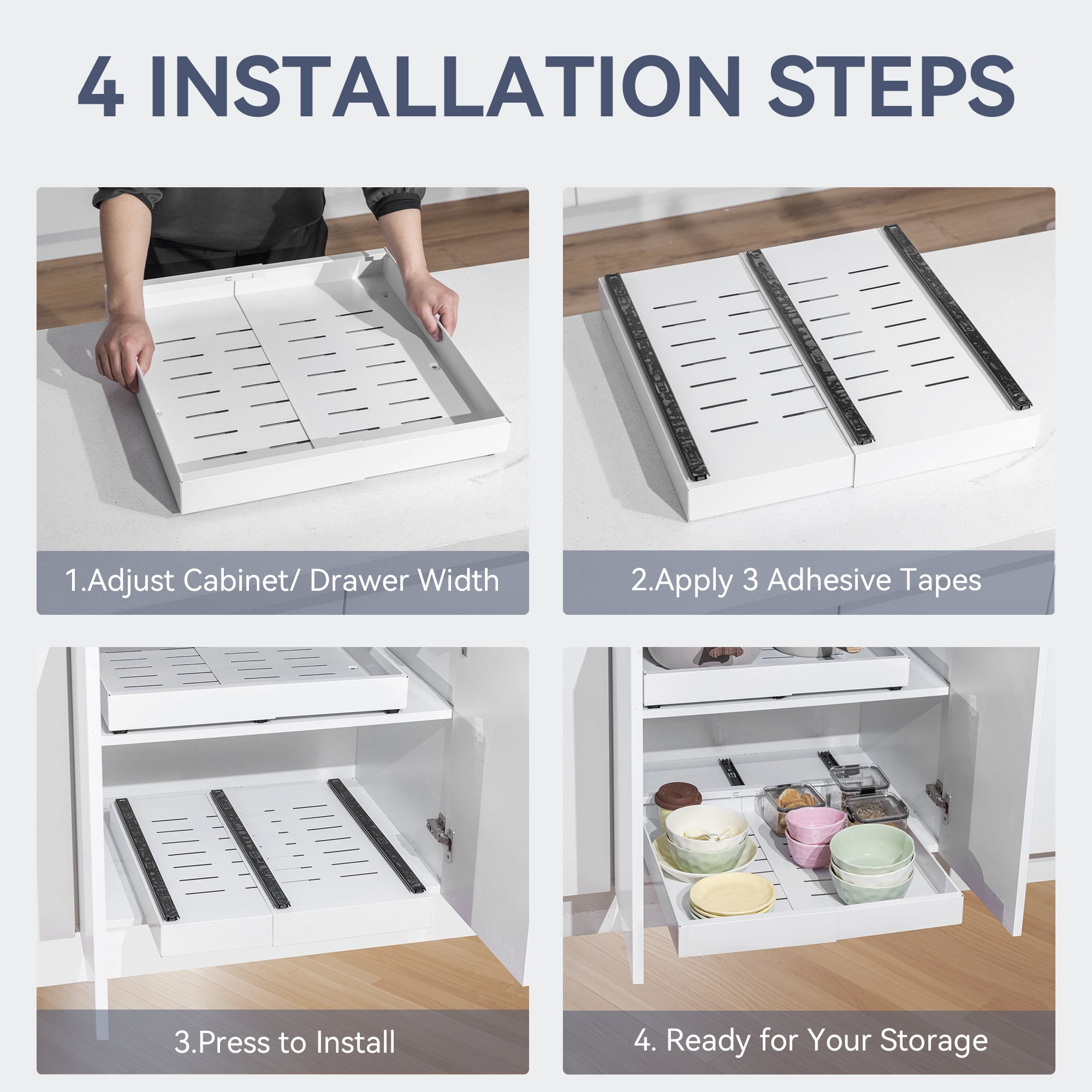 Pull out Cabinet Organizer, Adjustable Width 12.2"-20.1" Expandable Slide out Drawers Storage Rack, Pull-out Shelf Storage for Kitchen Pantry Bathroom Organization (White)