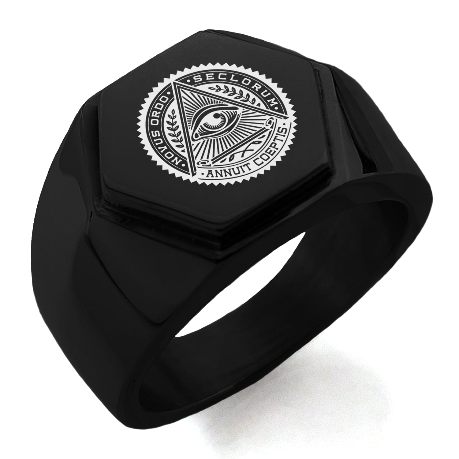 Stainless Steel All Seeing Eye Novus Ordo Seclorum Symbol Square Flat Top Biker Style Polished Ring 
