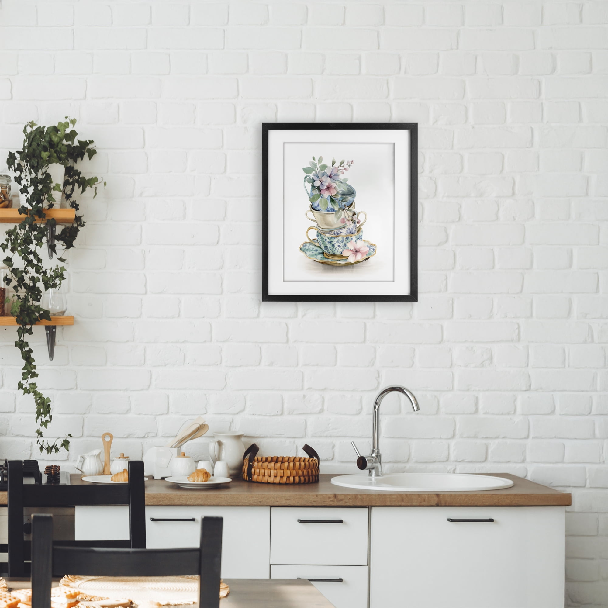 Stupell Industries Floral Teacup Chinoiserie Black Framed Print Under Glass, design by Kim Allen