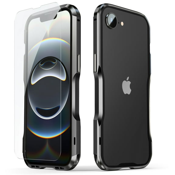 Dteck with Tempered Glass Screen Protector Case for iPhone 16e, Slim Lightweight Aluminum Alloy Metal Bumper Frame Shockproof Cover with Transparent Carbon Fiber Back Sticke For iPhone 16e,Black