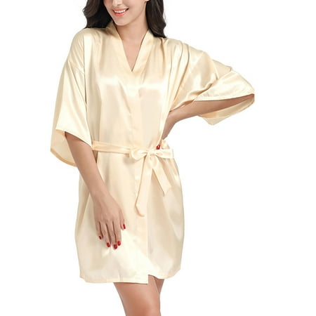 

Haite Women Sleepwear Kimono Robe Silky Bathrobe Party Nightgowns Spa Satin Pajama Dress Champagne M