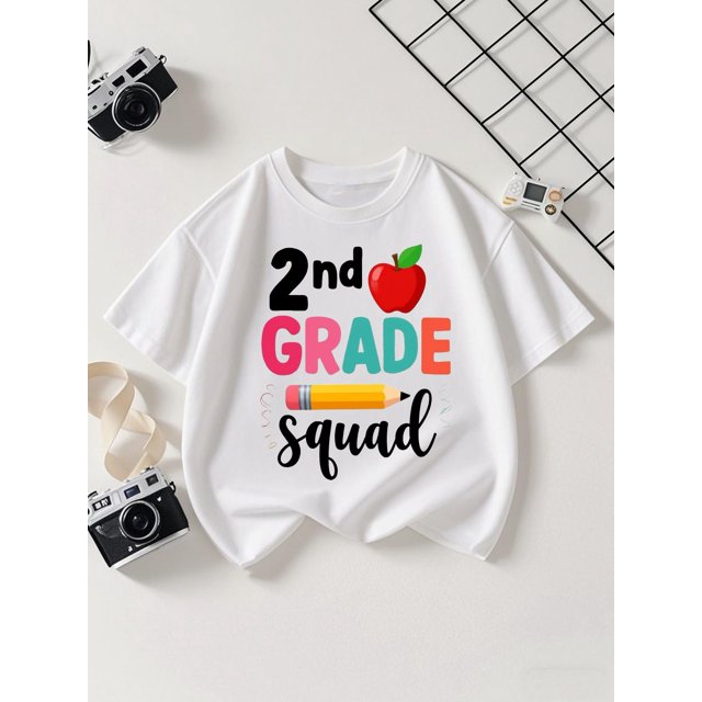 Girls' T-Shirt 'Back to School Season' 2nd Grade Apple Pencil Letter Pattern, 100% Cotton, Short Sleeve Regular Fit Summer Top
