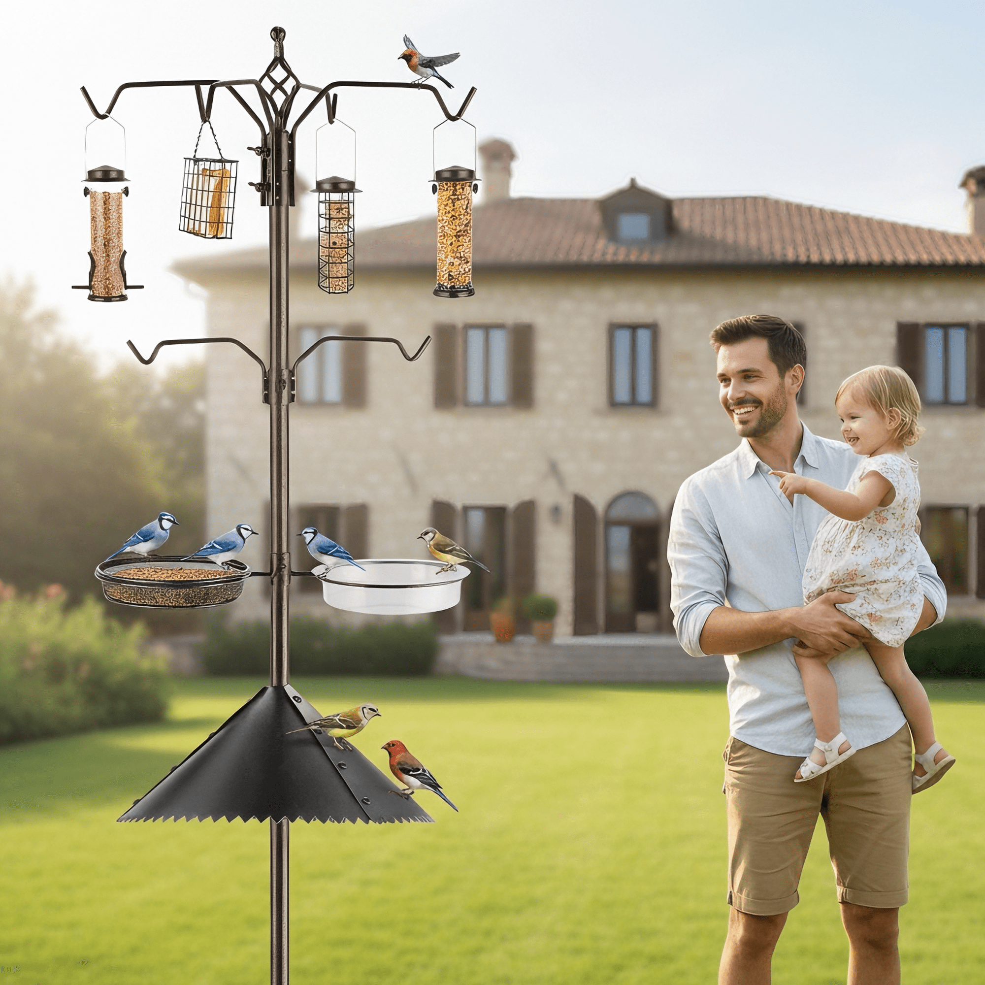 Urban Deco Bird Feeding Station,A Set with 6 Bird Feeders Hanging,Wide Metal Squirrel Baffle , Bird Feeder Poles Kit Premium Bird Bath for Attracting Wild Birds