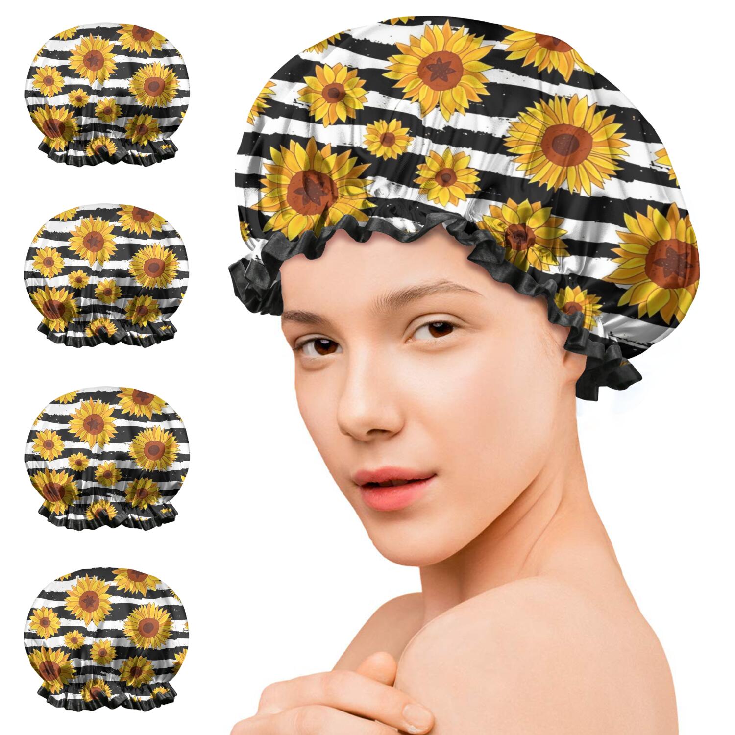 Shower Caps,Black White Stripe Sunflower Pattern Waterproof Shower Cap for Women 4 Pieces,Double Reusable Hair Cover for Shower PEVA Elastic Stretch Hem