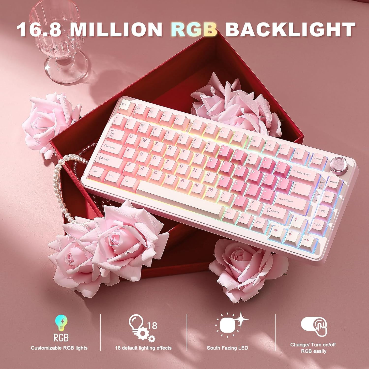 Custom 75% Layout Wireless Mechanical Keyboard with Knob, Hot-Swap Gasket Mount, RGB Backlit, Bluetooth Type-C 2.4G for Win Mac, Pre-Lubed Switches