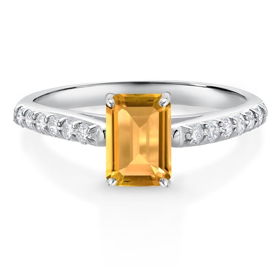 Gem Stone King 1.05 Ct Emerald Cut Yellow Citrine G/H Lab Grown Diamond 10K White Gold Engagement Ring (Size 6)