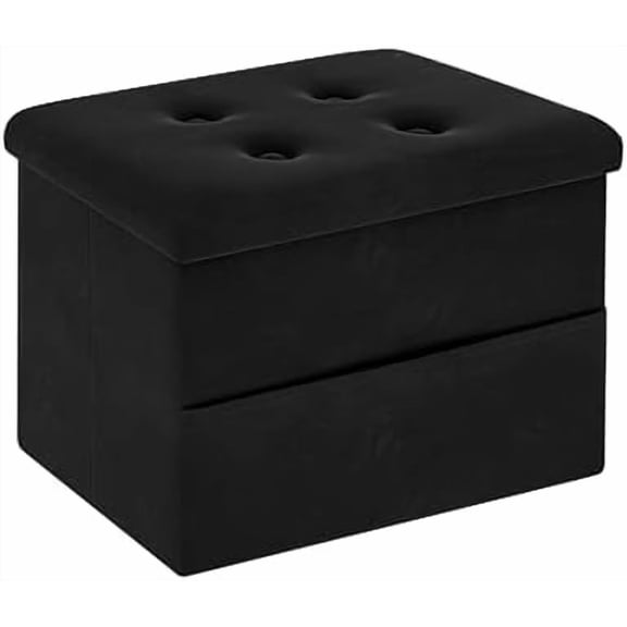 Small Storage Ottoman Foot Rest, Velvet Ottoman with Storage and Side Pocket, Black Foot Rest for Couch, Foldable Footstool for Chair, Living Room&Dorm, 16"x12"x12"