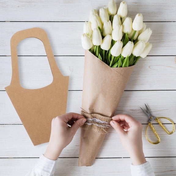 DEEPCRAFF 5Pcs Khaki Flower Bouquet Bags with Sturdy Handle for Fresh Dried Silk Flowers Packaging