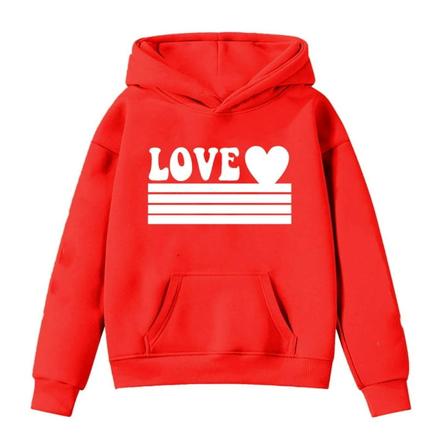 FAOWME Sweat à Capuche pour Filles Manches Longues Chandail en Molleton Graphique Mignon Rouge 12-13 Ans