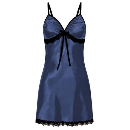 Lovskoo Womens 2024 Satin Sleepwear Lace Babydoll V Neck Side Slit Sleepwear Nightgowns for Women 2024 Chemise Blue