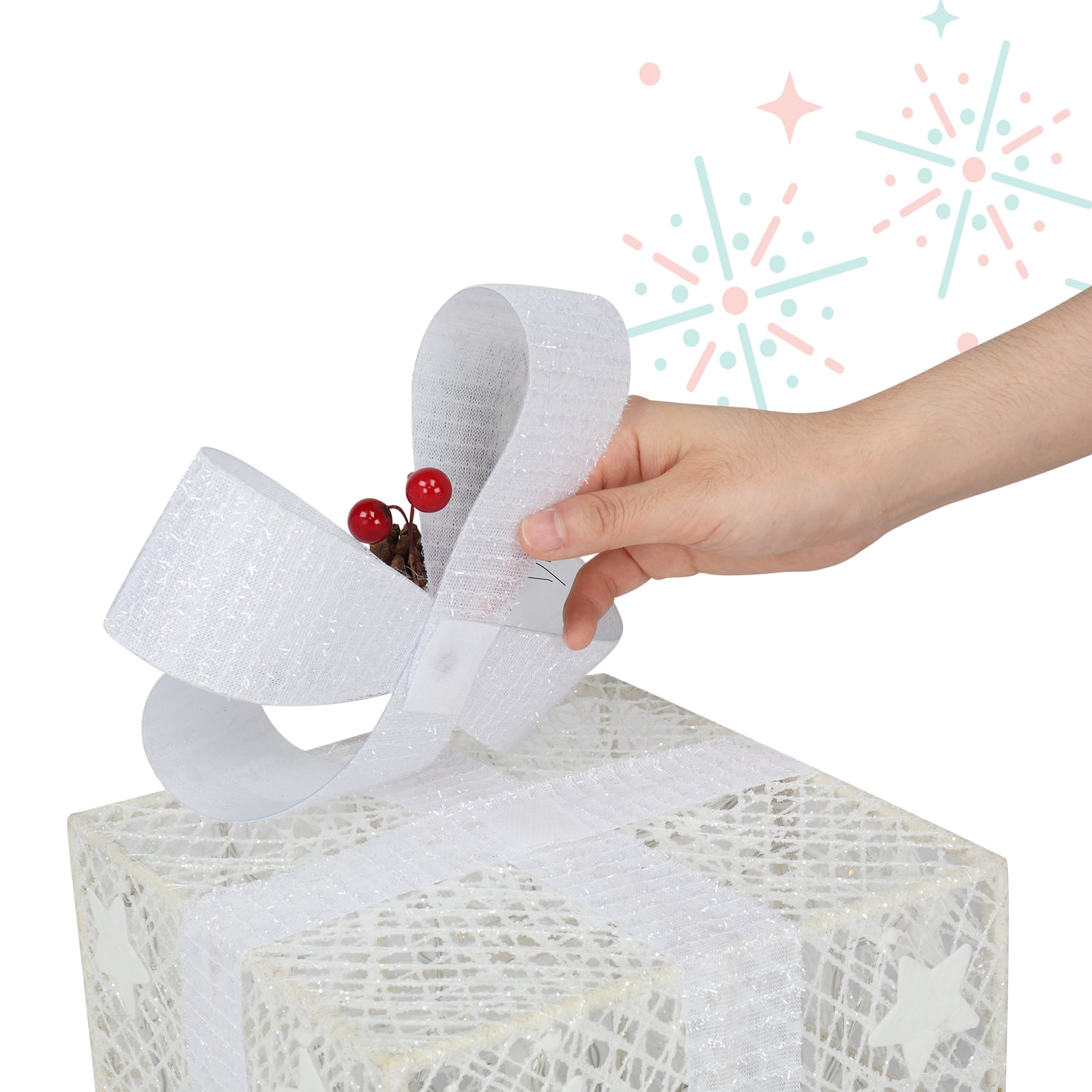 Astoutdoor Lighted Gift Boxes, Set of 3, Plastic, White, Warm White LED, Battery Operated, Indoor Outdoor Decoration