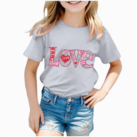 Sgkm Girls T Shirts Trendy Love Cute Printed Short Sleeve Crewneck Top Girls Clothes Summer Holiday Party Tee Grey 9-10 Years