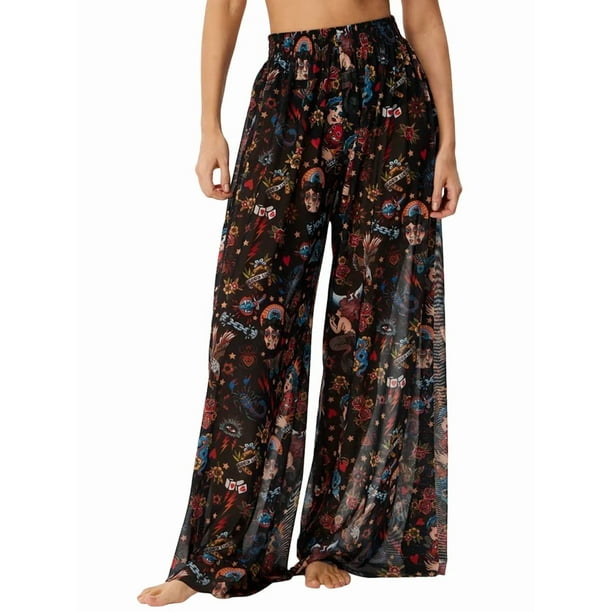 Pantalones Anchos de Cintura Alta con Elástico para Mujer, Pantalones Casuales Largos para Estar en Casa Color L