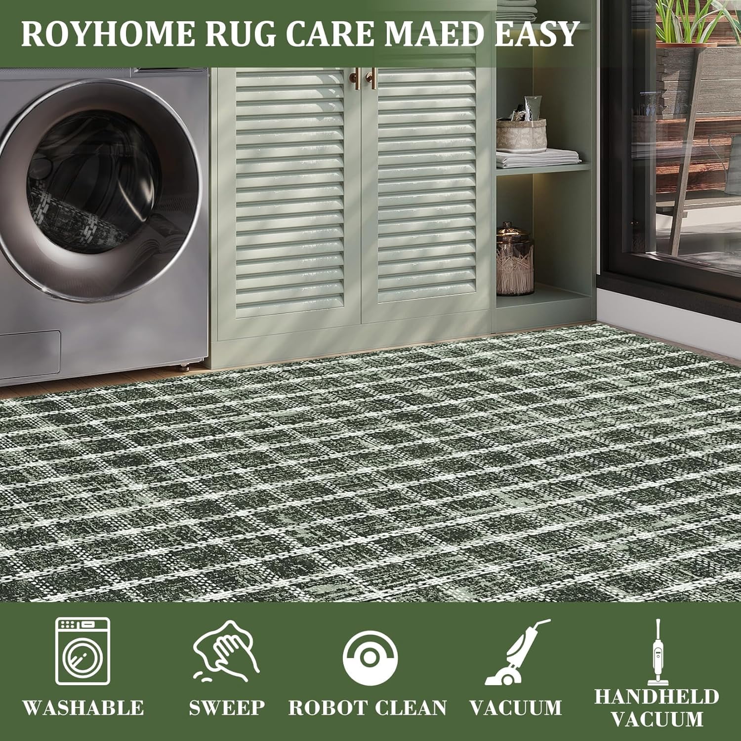 Twister.CK 3' x 5' Plaid Area Rugs, Modern Washable Stain-Resistant Carpet, Non Slip Indoor Rug for Living Room Dining Room Office, Green