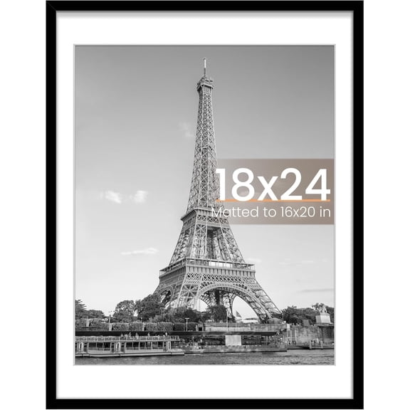 18x24 Picture Frame, Display Pictures 16x20 with Mat or 18 x 24 Without, Wall Hanging Poster Frames, Black, 1 Pack