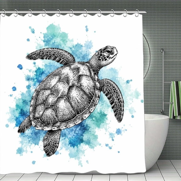 Beach Shower Curtain 70.8×70.8Inch Turtle Ink Watercolor Shower Curtain Summer Ocean Theme Shower Curtain for Bathroom Decor,Fabric Waterproof with Hooks
