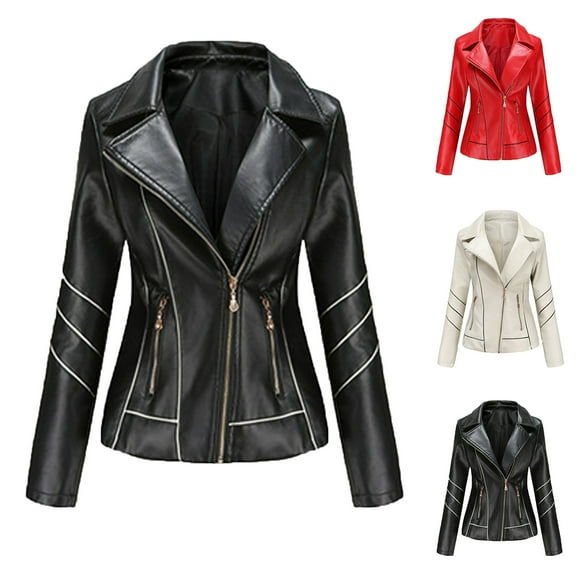 Feancey Zip up Leather Jacket Women Slim Fit Casual Moto Jackets Lapel Long Sleeve PU Bike Coats Spring Fall Fashion Outerwear with Pockets Red S
