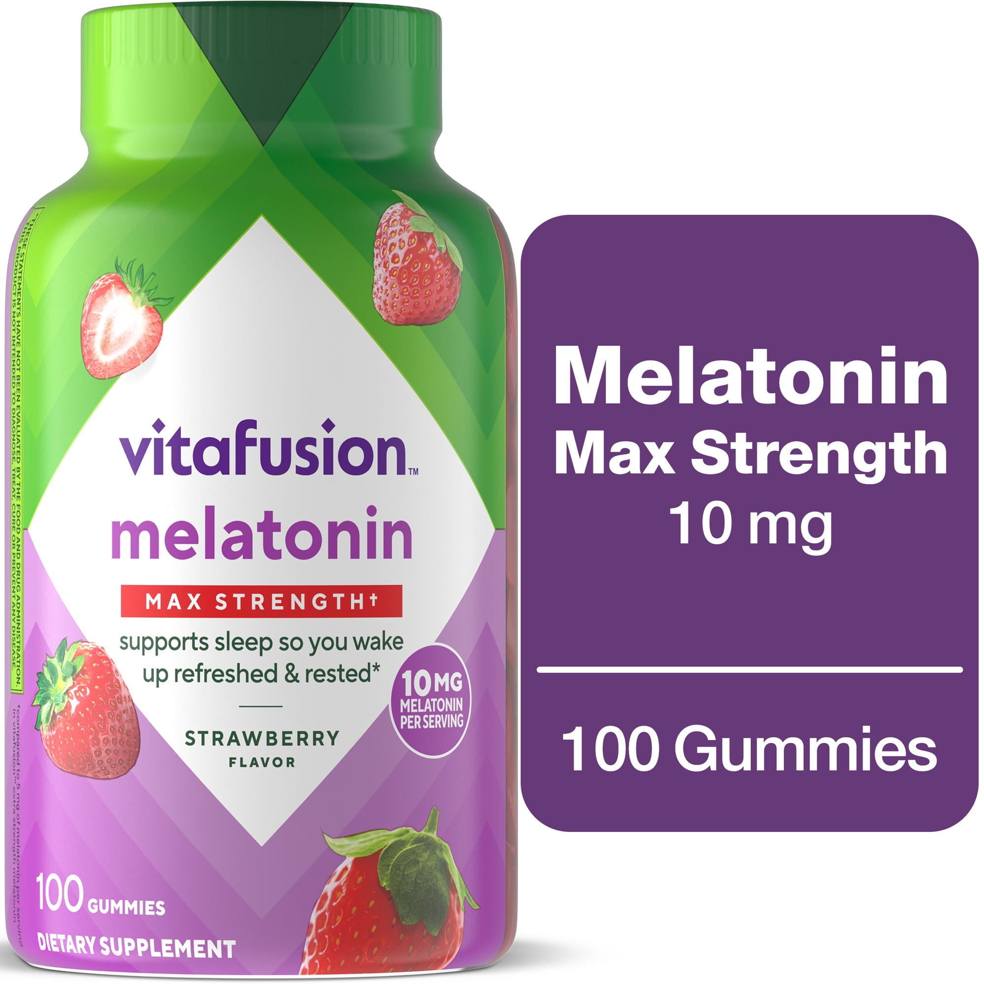 vitafusion Max Strength Melatonin Sleep Aid Gummy Supplements, Strawberry Flavor, 10 mg, 100 Count