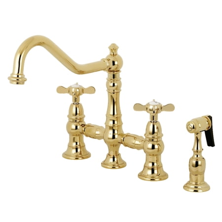 Kingston Brass KS3272BEXBS Essex Two-Handle 4-Hole Deck Mount Bridge Kitchen Faucet with Brass Side Sprayer in Polished Brass