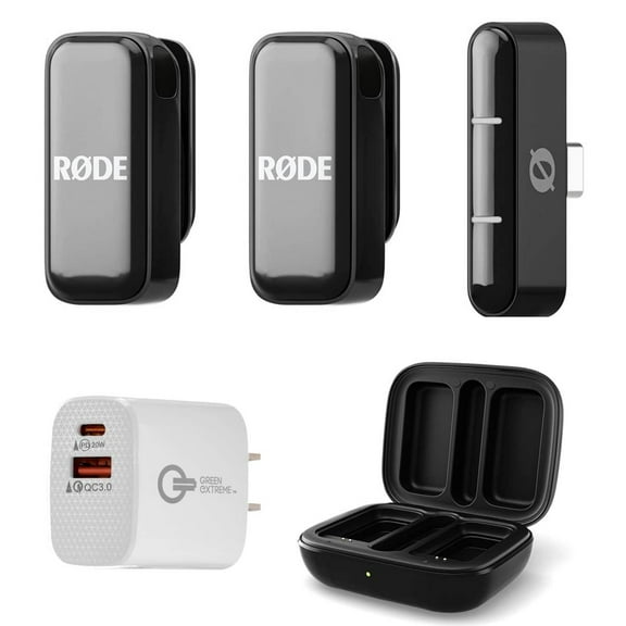 Rode Wireless Micro Ultra-Compact 2-Person Digital Wireless Microphone System with USB-C Connector, Black, Bundle with Wall Charger