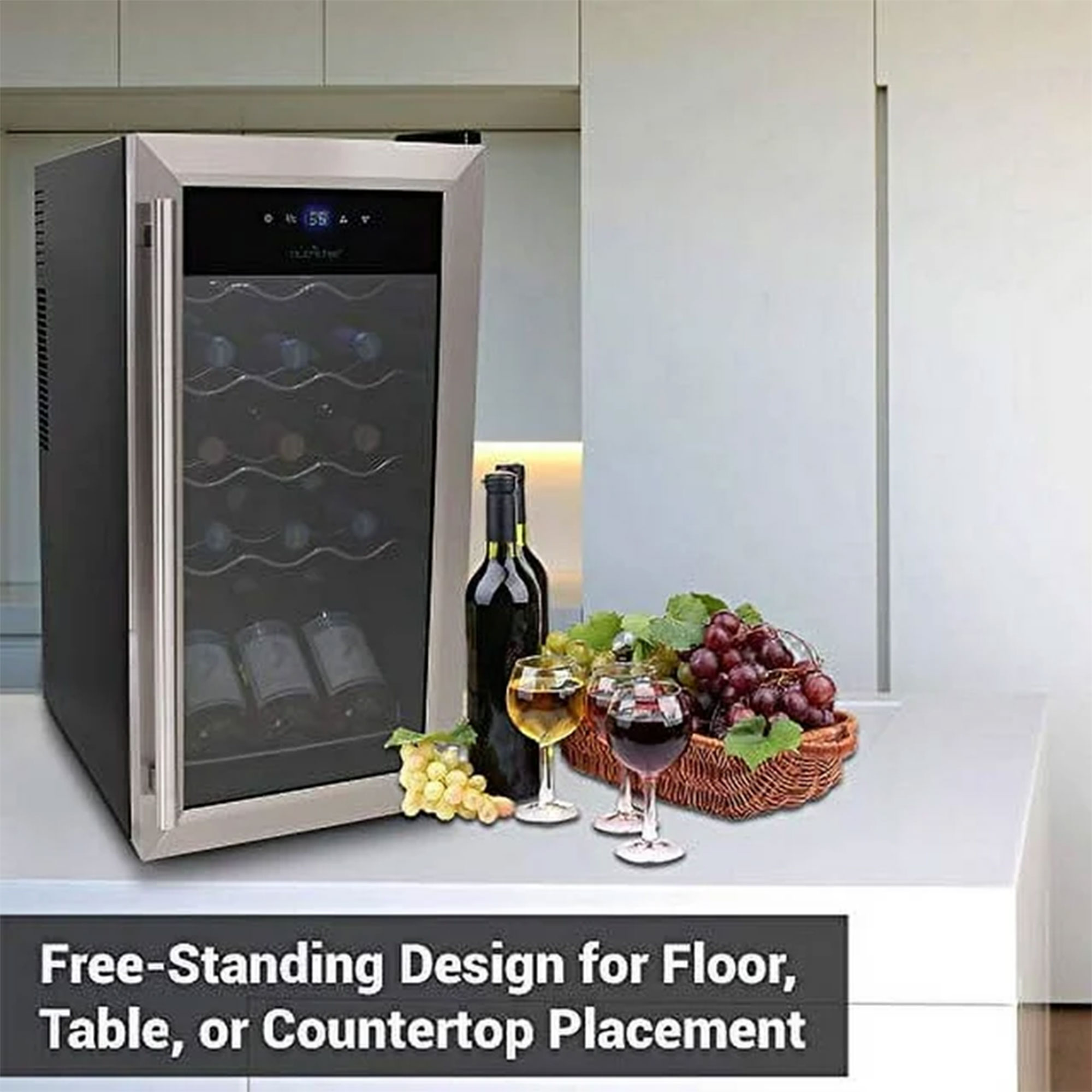 NutriChef PKCWC15 - Wine Chilling Refrigerator Cellar - Touch Button Control with Air Tight Seal, Contains Placement for Standing Bottles (15 Bottle Storage Capacity)