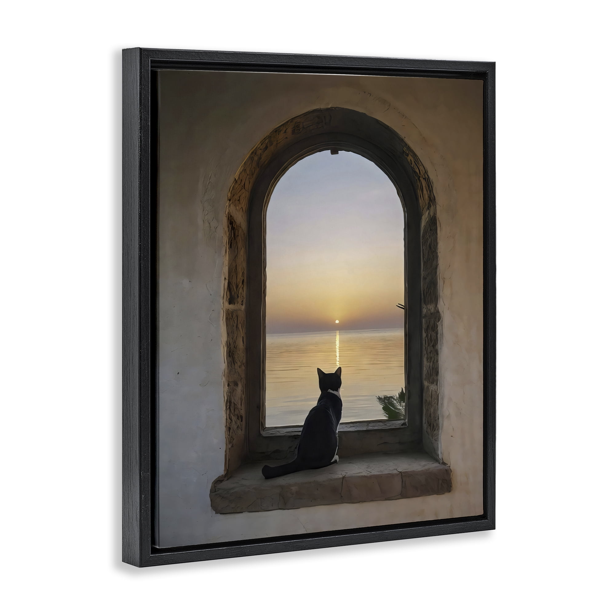 Stupell Industries Cat Overlooking Water at Sunset Black Framed Floater Canvas Wall Art, design by Creative Studio