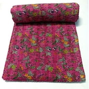 Vinsan International Indian Handmade Cotton Paradise Print Kantha Quilt Tribal Bed Cover Bedspread Blanket Picnic Throw Coverlet Reverisble Bed Throw Pink Color Twin Size 60" x 90"