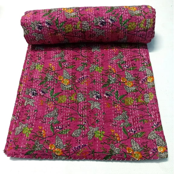 Vinsan International Indian Handmade Cotton Paradise Print Kantha Quilt Tribal Bed Cover Bedspread Blanket Picnic Throw Coverlet Reverisble Bed Throw Pink Color Baby Size 50" x 70"