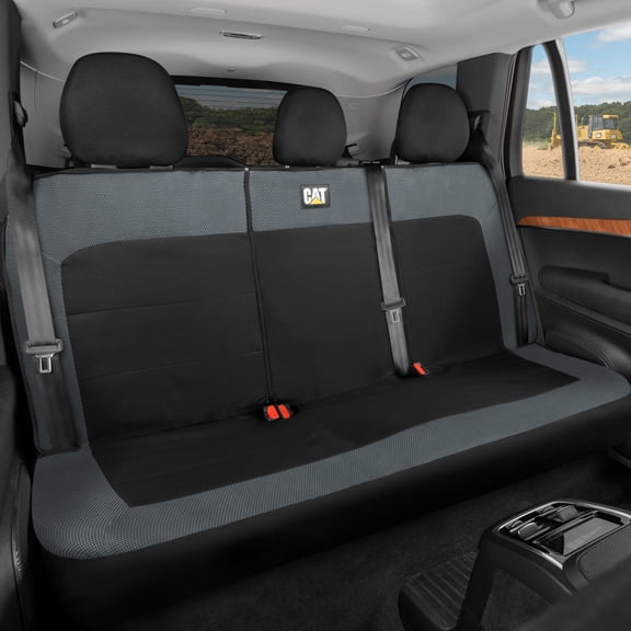 Cat Flexfit Rear Bench Seat Cover for Car Truck SUV, Durable Canvas Mesh Design, 60/40 Split Bench Auto Protector, Charcoal & Black