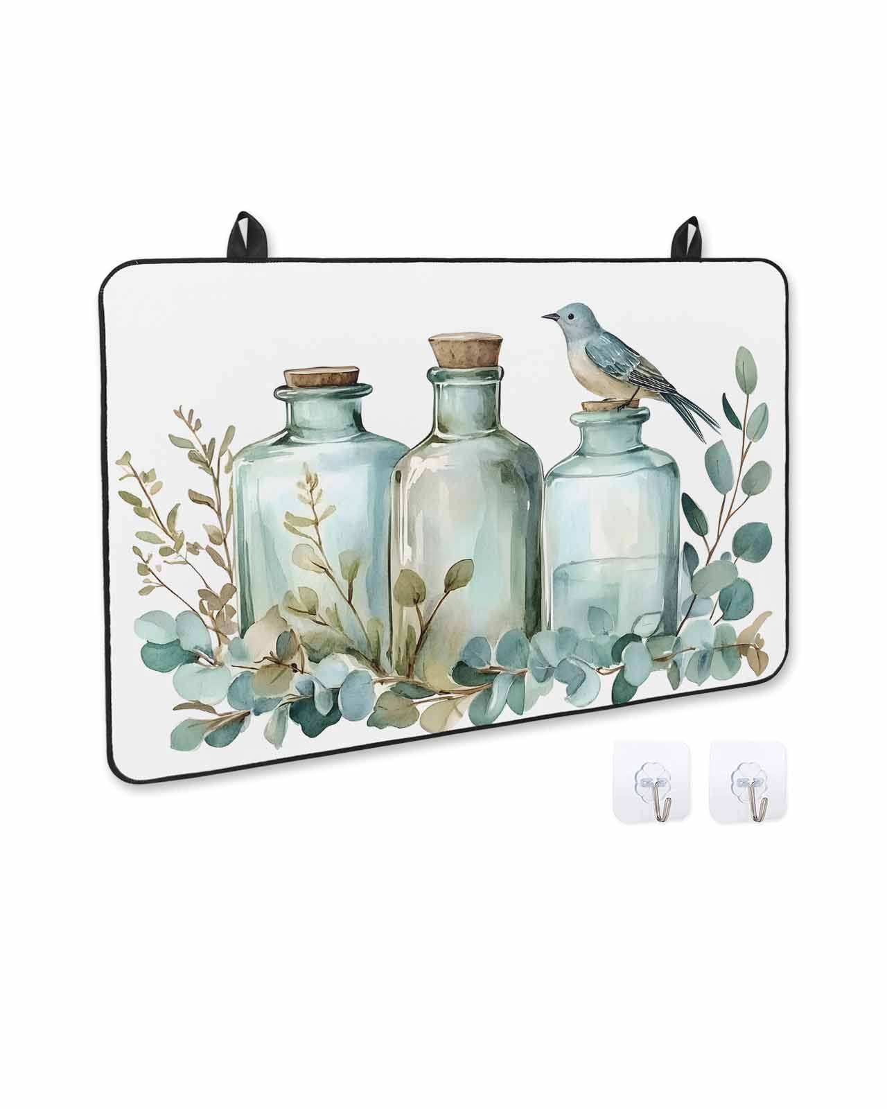 nqOlkjepod Large Induction Cooktop Protector Mat 24"x21", Green Eucalyptus Leaves Stove Top Covers for Electric Stove, Spring Botanical Vase Birds Stove Burner Cover Mats, Glass Top Stove Cover