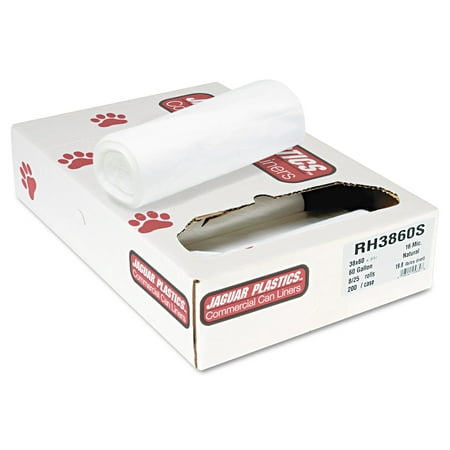 Jaguar Plastics Super Extra-Heavy Bags, 60gal, 16mic, 38 x 60, Natural, 25 Bags/Roll, 8 Rolls/CT