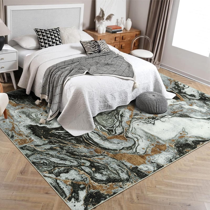 8'x10' Boho Vintage Area Rug – Soft Modern Abstract Design, Machine Washable Non-Slip Carpet for Living Room, Farmhouse, Kids Room & Dining Room Dark Green