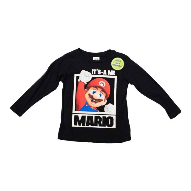 Playera Nintendo Talla 4 Manga Larga Cuello Redondo Estampado Mario IT´S-A ME Negro